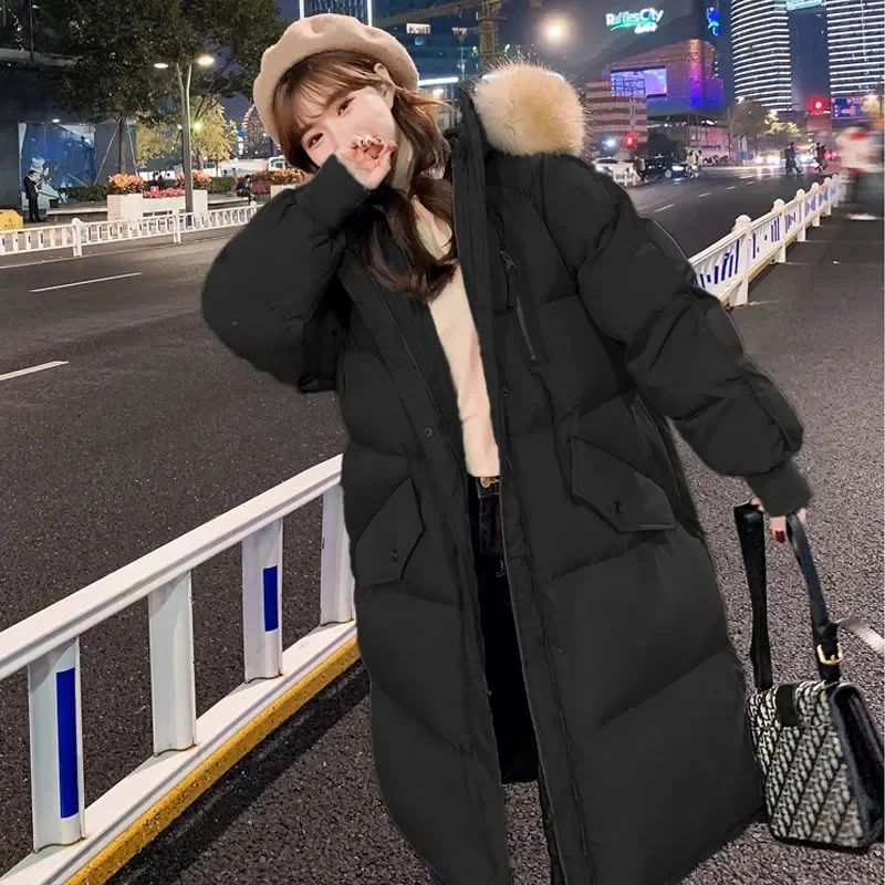 Winter Down Padded Jacket Women's Long Korean The Big Fur Collar Thick Padded Jacket Loose Bread Parkas Hooded Female 2021 New