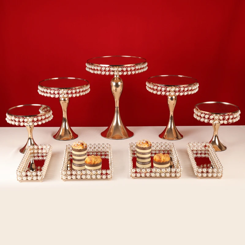 3pcs-12pcs Wedding Gold  Pearl cake table Gold Accessory Tray Dessert Metal for  Child birthday