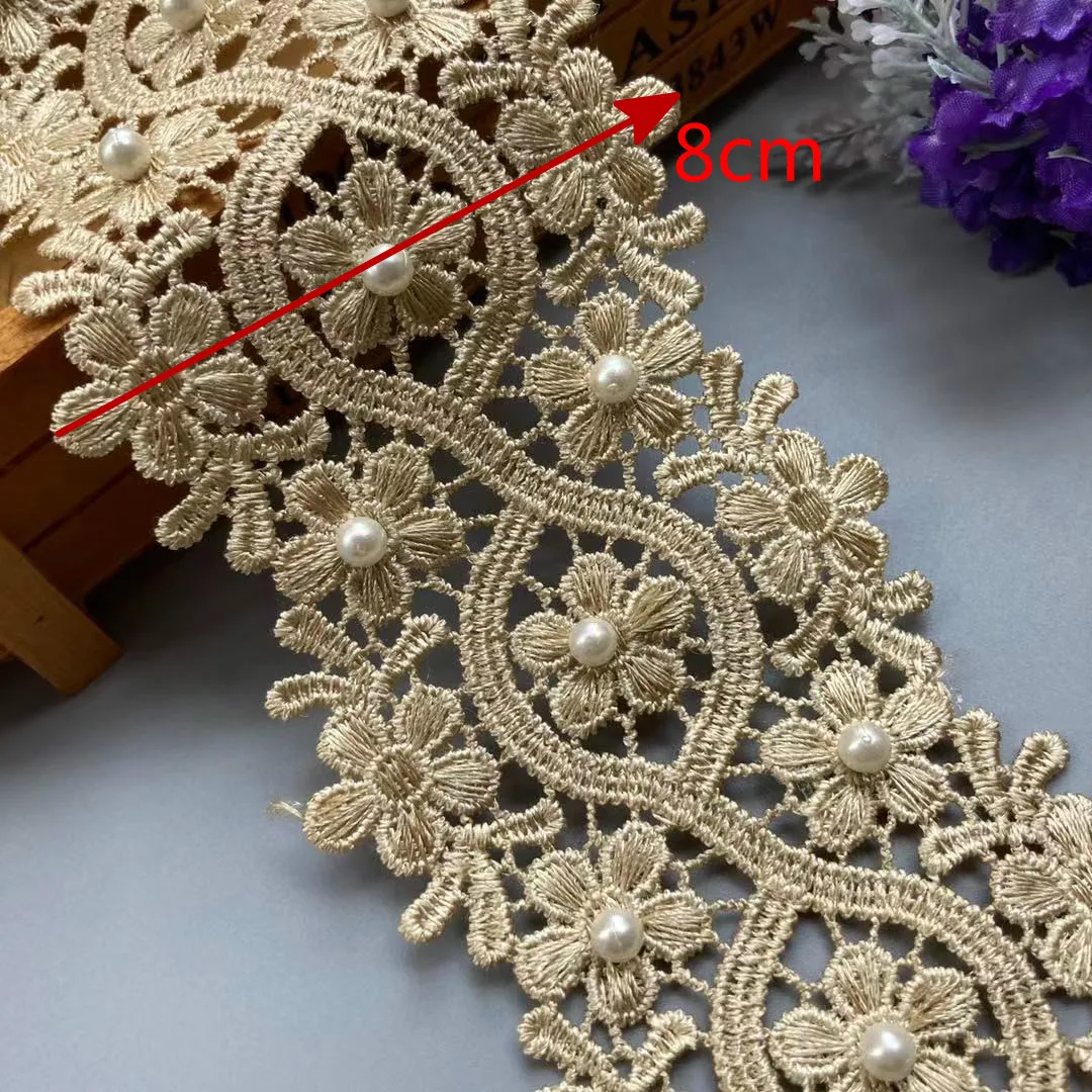 

2 yard 8cm Gold Vintage Pearl Beaded Lace Trim Ribbon Fabric Embroidered Applique Patchwork Handmade DIY Wedding Sewing Craft