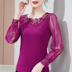 Women's Long Sleeve Mesh Bottoming Shirt, Elasticity Lace Tops, Sexy Hollow Out, Casual Fashion, Spring, Autumn,