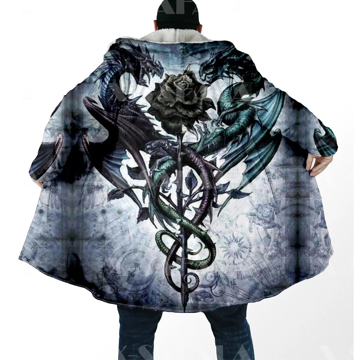 Thick Warm Hooded Cloak for Men Yin And Yang Dragon Wolf Overcoat Coat 3D Print Windproof Fleece Cape Robe Hooded Blanket-5