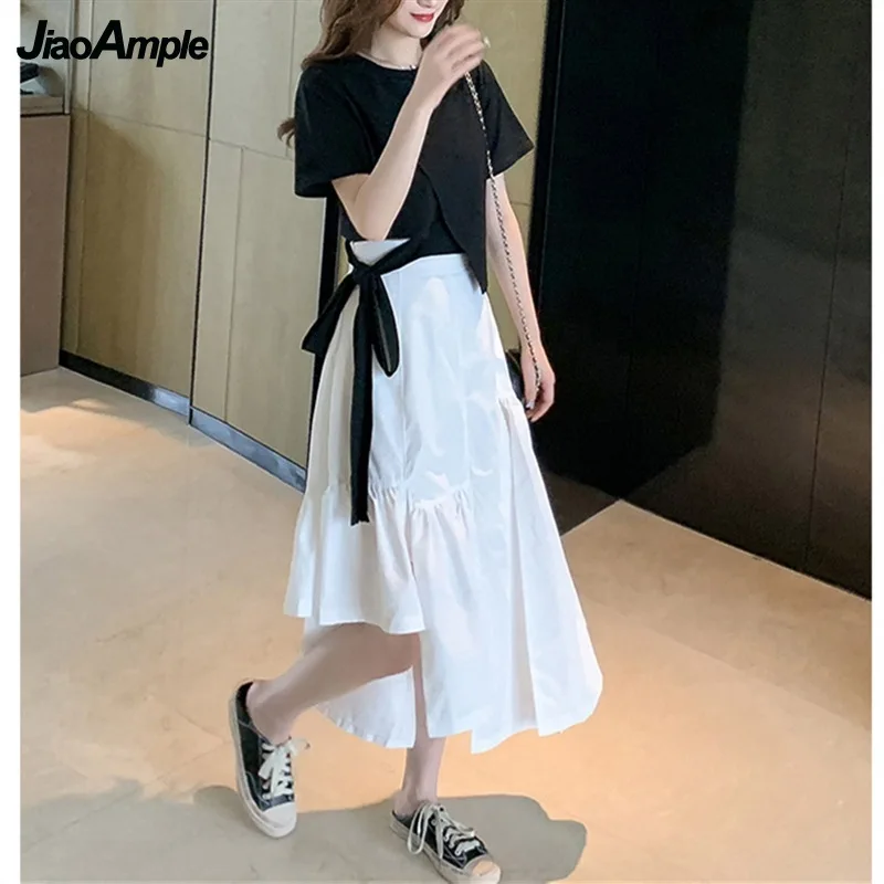 Women Skirt Suit 2021 New Summer Light Cooked Wind Short Top Dress Two Piece French Casual T-Shirt High Waist Sexy Dresses Set