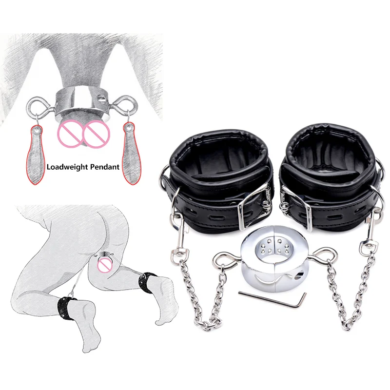 

For Male Ball Stretcher with Leather Handcuff Restraint Bondage Penis Lock Metal Scrotum Pendant Cock Ring Fetish Toys For Men