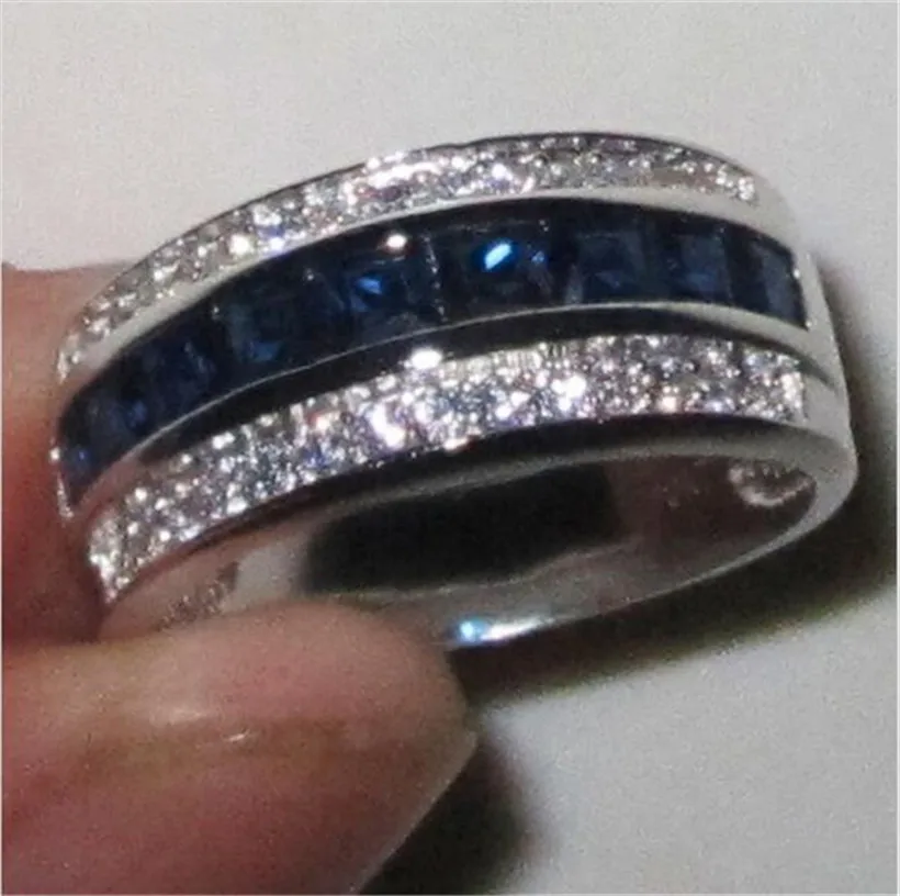 Men\'s Deluxe 10K white Gold Princess-cut Blue Sapphire Crystal gemstone Band ring Wedding Rings for Men Women jewelry