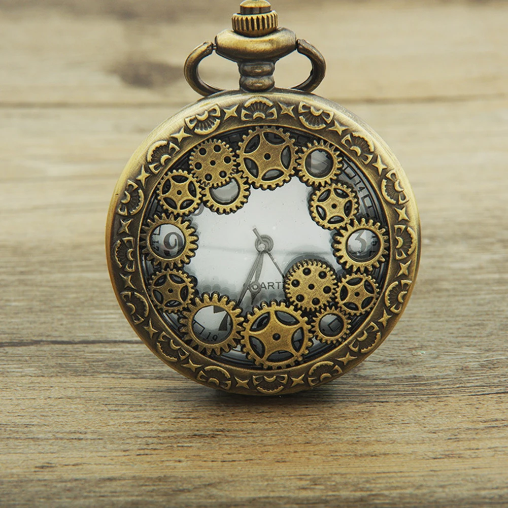 Retro kieszenie zegarek Hollow Gear antyczny wisiorek cyfry arabskie analogowe zegarki kwarcowe zegarek nowy Vintage Bronze Steampunk — zdjęcie 4