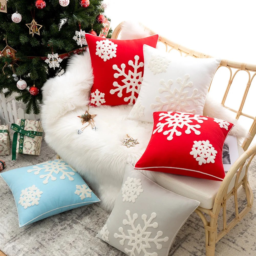 Christmas Style Big Snowflake Throw Pillow Case 45x45cm Canves Wool Embroidery Cushion Cover For Noel Party Home Decoration