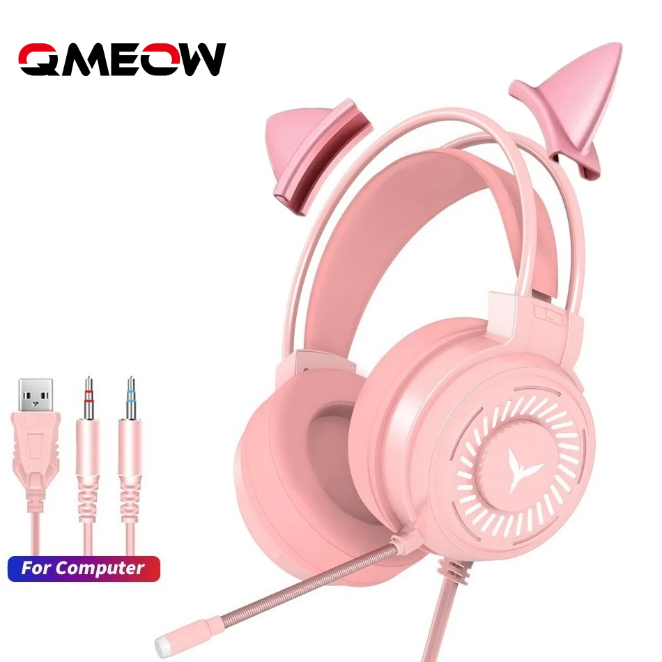 Pink Gaming Cat Headphone LED Gaming Noise Cancelling Headset With Microphone Stereo Headphone For PC Laptop Gaming Headset