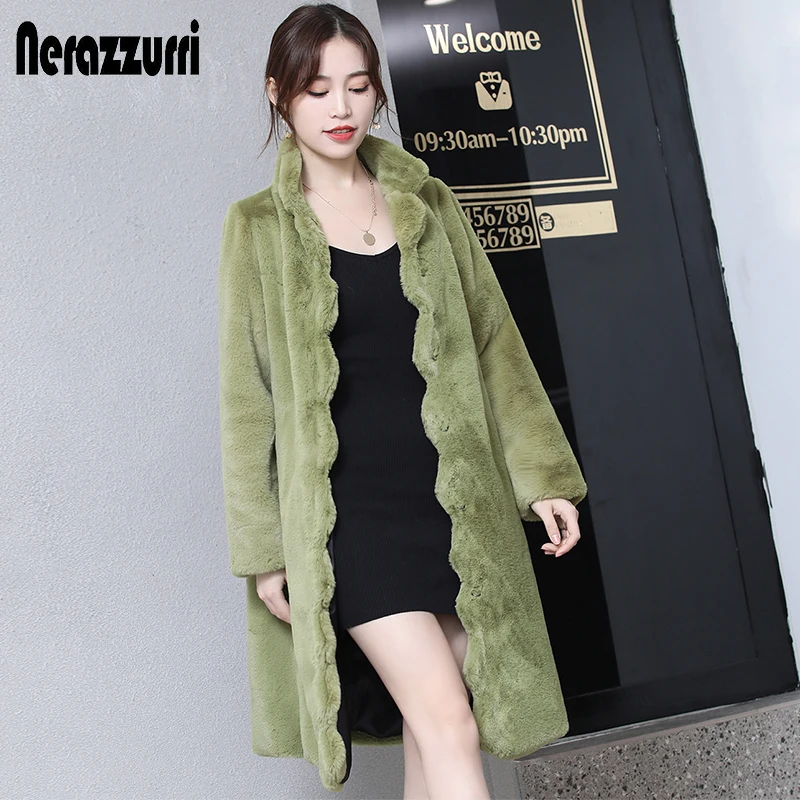 Nerazzurri Winter Colored Warm Soft Long Faux Fur Coat Women with Scallop Trim Army Green Black Fluffy Jacket Korean Fashion