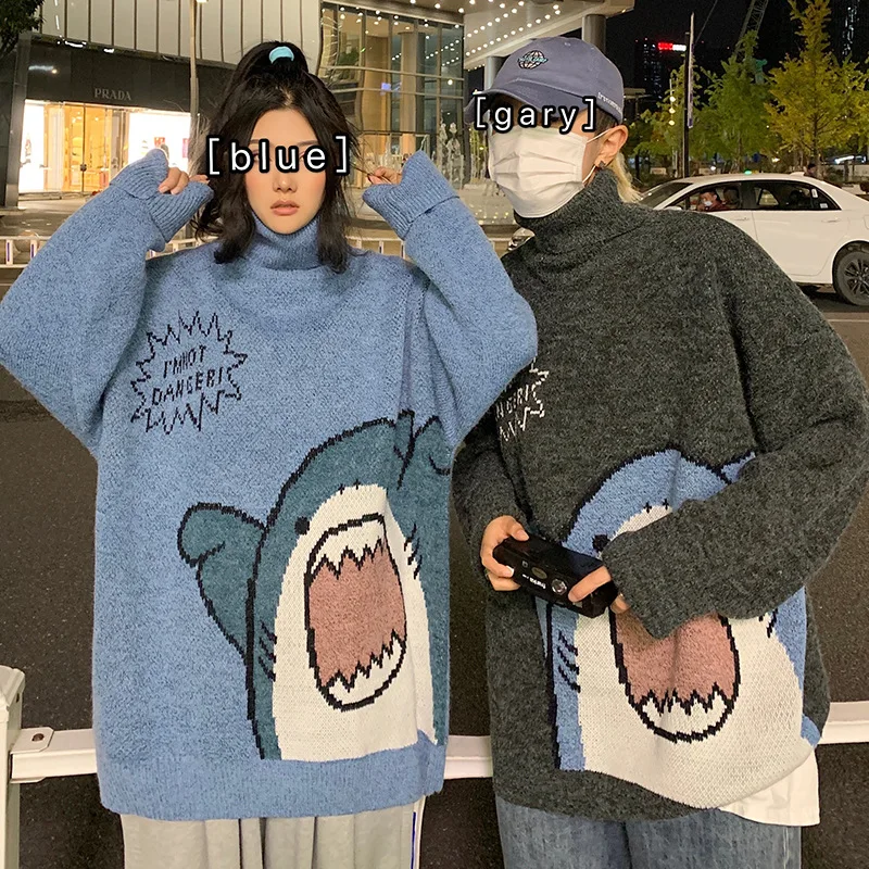 Couple sweater cartoon shark casual loose hip-hop knitted pullover autumn and winter oversized sweater unisex pullover