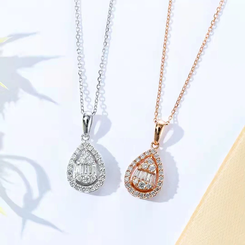 

18K Gold Natural Diamond Pear Pendant Necklace Women's Engagement Party Fine Jewelry