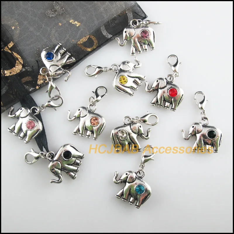 10Pcs Tibetan Silver Tone Elephant Retro Mixed Round Crystal 18x20.5mm With Lobster Claw Clasps Charms