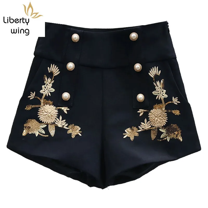 Donne Sexy A Vita Alta Doppio Petto Button Mini Signore casual Streetwear Paillettes Perline da Ricamo Gamba Larga shorts