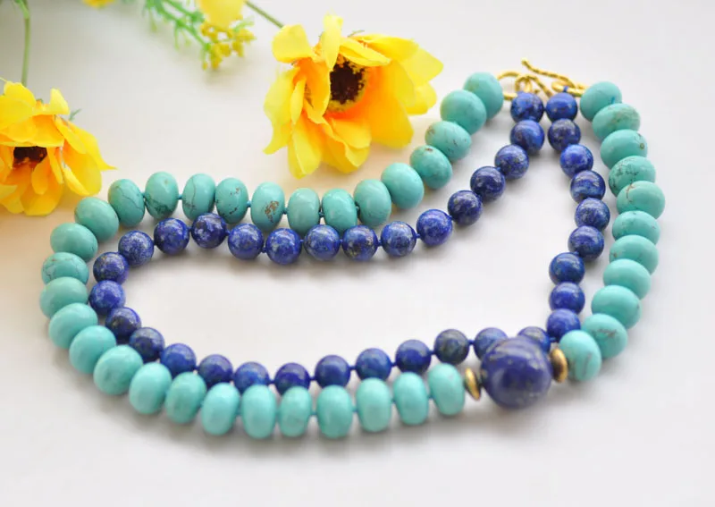 S2456 2Row 20mm Round Blue lapis-lazuli & Oblate Turquoise Necklace