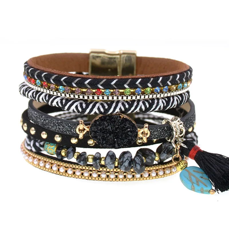 WELLMORE bohemia bracelets for women stone leather bracelets 3 size multilayer charm Bracelets & Bangles Female fashion Jewelry