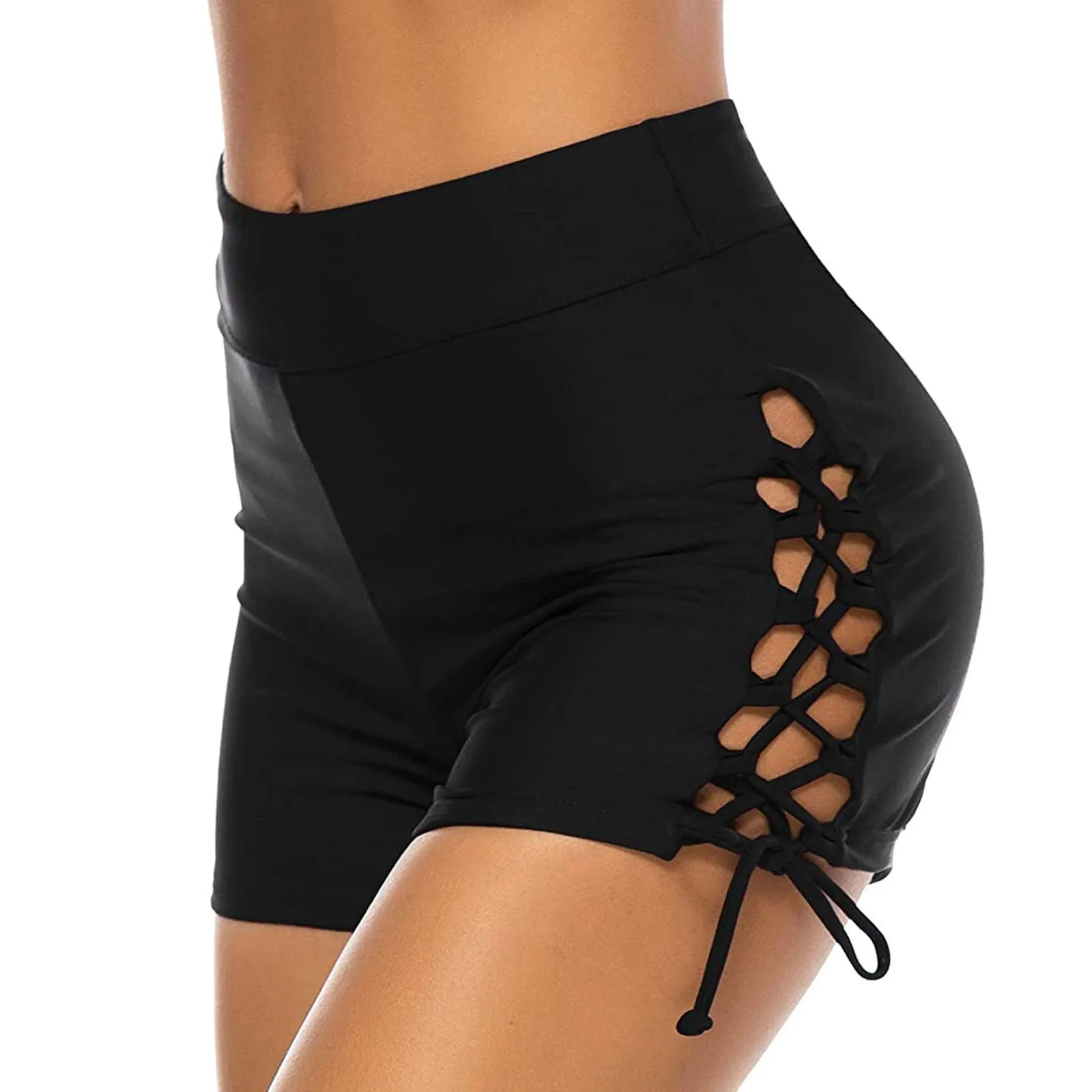 Women Hollow out Sports Shorts Sexy  High Waisted Drawstring Swim Shorts Ruched Tummy Control Swimsuit Bottom Female Slim Shorts