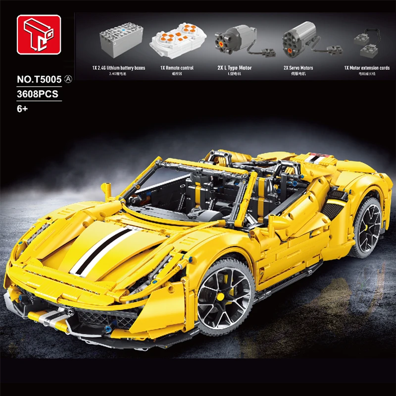 IN STOCK T5005 3608pcs High Tech Yellow 488 Pista Sports Super Racing Car 1:8 Model With Motor Building Blocks Bricks Toys Gift