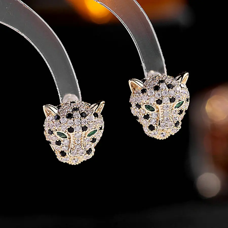 1 Pair Fully-Jewelled CZ Leopard Stud Earrings Cute Animal Earrings For Woman Party Accessories