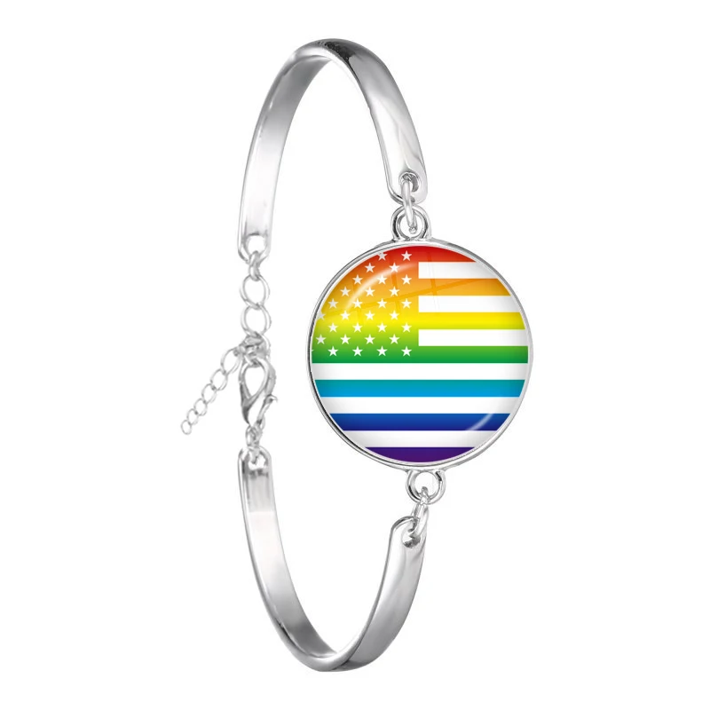 Bi Pride LGBT Chain Bracelet Gay Pride Jewelry Rainbow Flag 18mm Glass Cabochon Bangle Jewelry For Women Men Gift