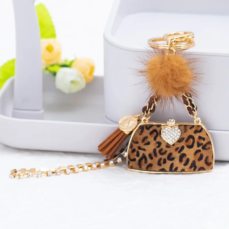 Novel Leopard Crystal Handbag Hairball Tassel Keychain Car Key Chain Holder Bag Charm Pendant Accessories Keyfob Keyring Gift