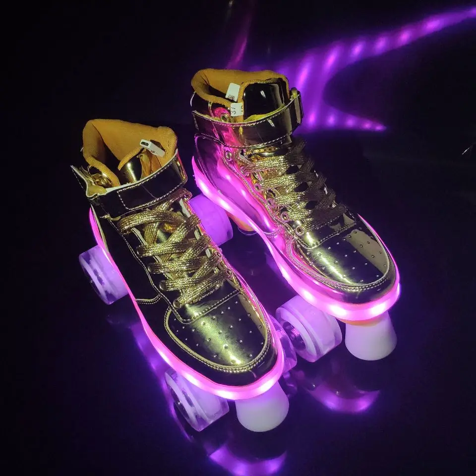 2022 New Led Rechargeable 7 Colorful Flash Shoes Double Row 4 Wheel Roller Skates Outdoor Men Women Patines