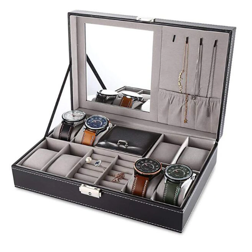 Leather Watch Box 8 Mens Watch Organizer Jewelry Display Drawer Lockable Watch Case Organizer & 8 Slots Rings Tray With Lock