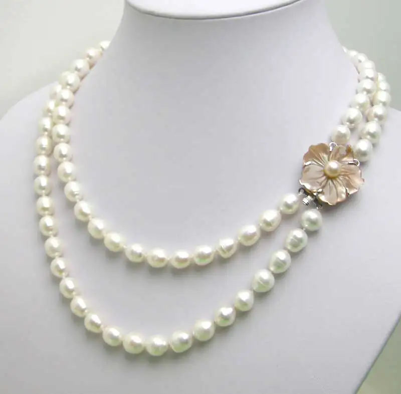 

QingmosFashion 6-7mm Rice Natural Freshwater White Pearl Necklace for Women 17-18" Chokers 2 Strands Necklace Jewelry