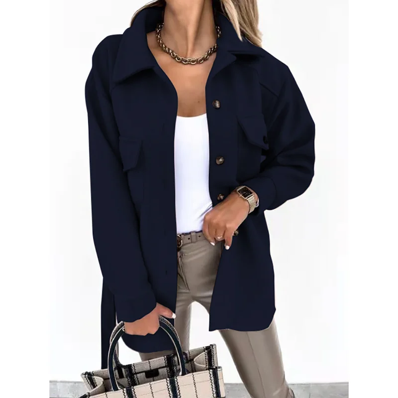 Office Lady Lapel Shirt Jacket Women Autumn Winter Casual Long Sleeve Single Breasted Female Top Coat Thick Solid Loose Coats