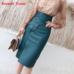 RY9332 Winter Women High Waist Genuine Leather 70cm Long Skirts Lady Blue/Black Split Sexy Wrap Saias OL Pencil Maxi Skirt