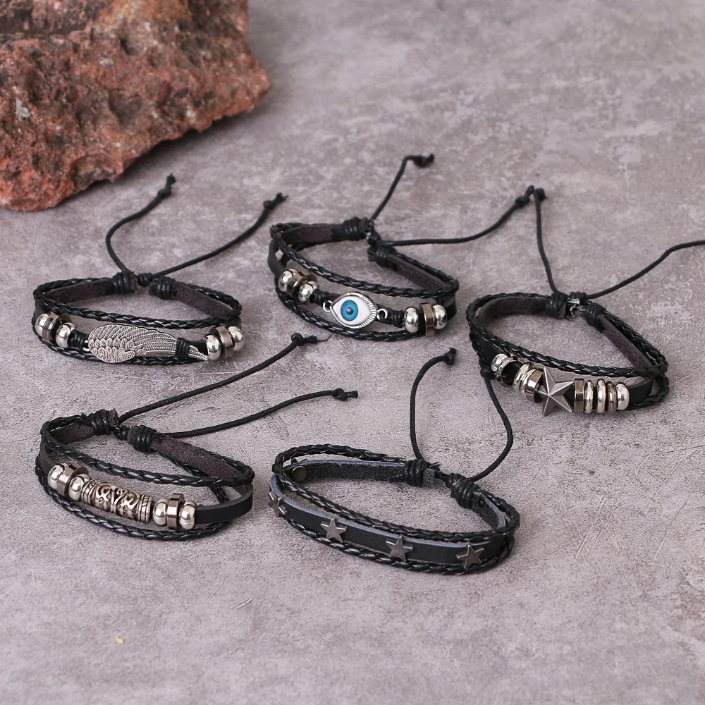 DAXI Punk Multilayer Leather Bracelet Set Eye Wings Star Charms Beads Bracelets For Man Party Gothic Jewelry Punk Wrap Wristband