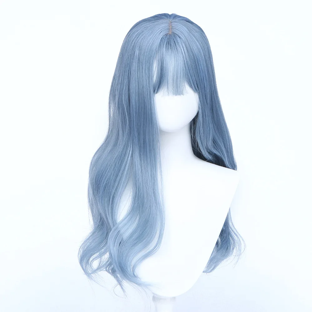 GAKA Long Wavy Cosplay Synthetic Wigs Blue With Bangs for Women Cos Party Lolita Wig