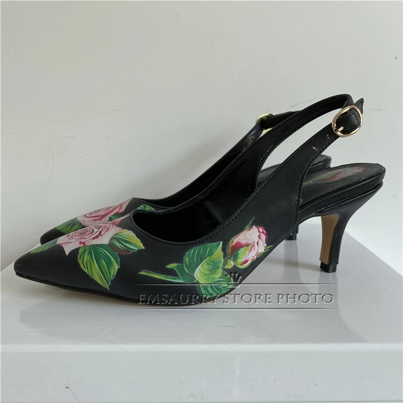 Stampa fiore punta a punta décolleté da donna Sexy tacchi alti sottili Slingbacks vera pelle Slip-on primavera Mary Janes