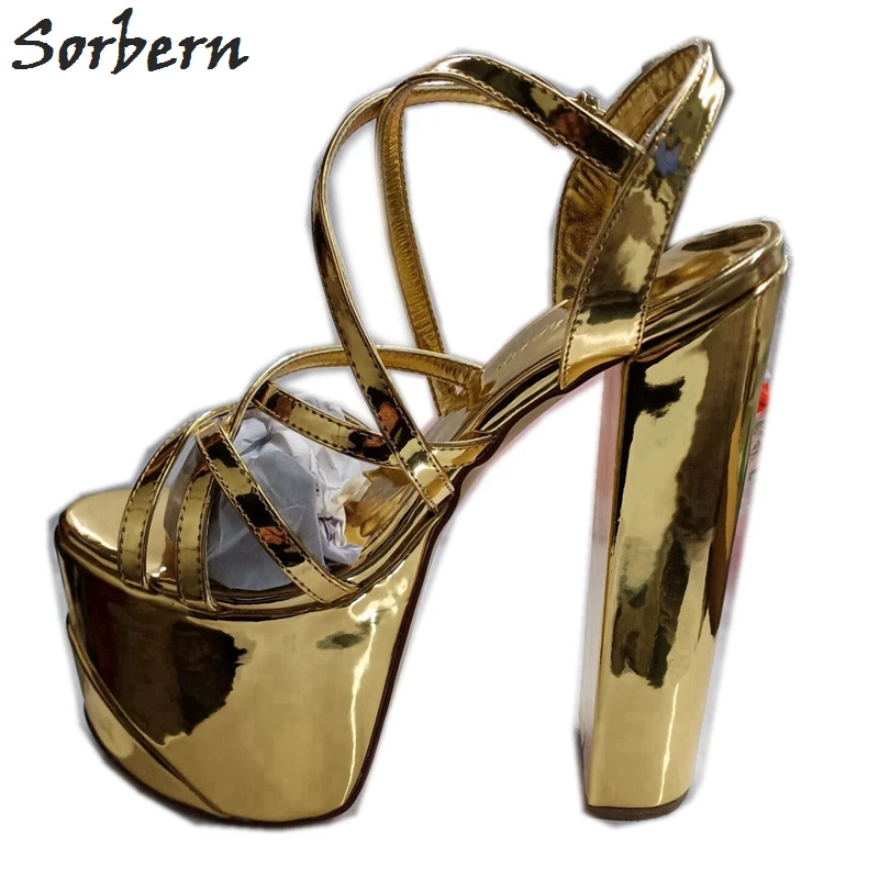 

Sorbern Chunky Heel Women Sandal Golden Metallic Slingback Shoe High Heel Platform Summer Shoe Unisex Plus Size Chunky Heel