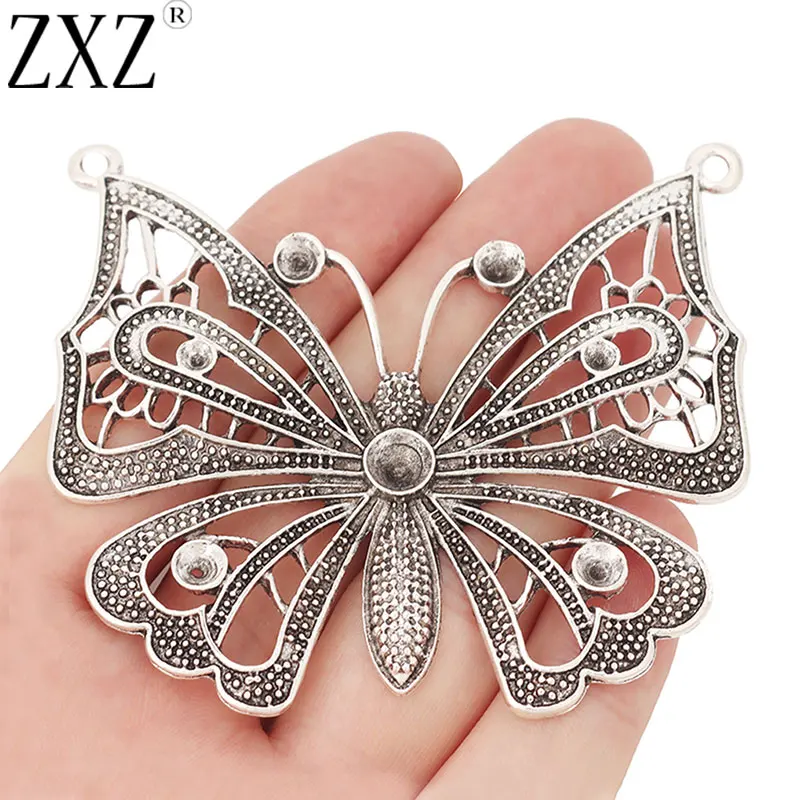 ZXZ 2 szt. Tybetański srebrny ogromny motyl Charms wisiorki na naszyjnik tworzenia biżuterii ustalenia 72x64mm