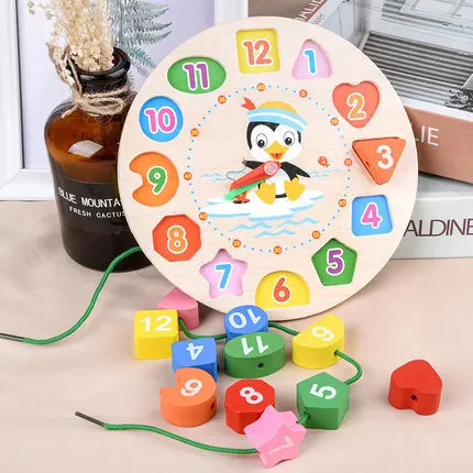 

Digital Geometric Shape Puzzle Clock Threading Rope Multifunctional Educational Toys Kids Timepiece Cognition Wood Toys