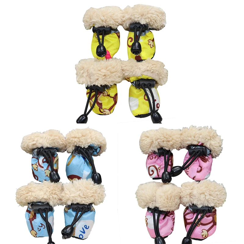 Sapatos de pelúcia impermeáveis para pets, 4 peças, bota de neve de pelúcia antiderrapante, grossa, quente para cães pequenos, filhotes, meias para