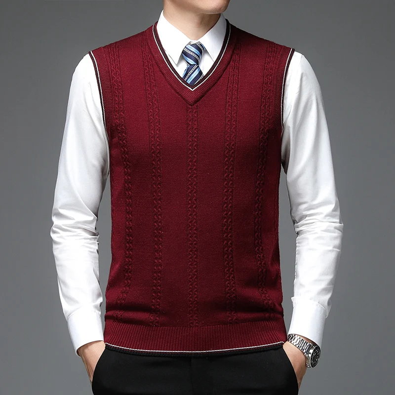 New 2021 Men's Sleeveless Wool Knitwear Casual V-Neck Sweater Vest Male Knit Vest Pullover Sweaters view 2