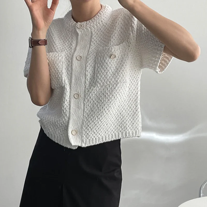 2021 New Arrivals Fashion Korea Style Versatile Single Breasted Short Sleeves Pocket White Knitted Sweater  X617