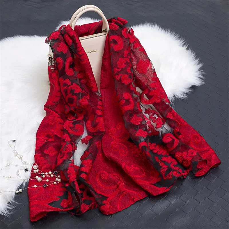 2019 silk scarf women summer breeze lightweight sheer shawls and wraps bandana beach organza gauze lace hollow scarfs fo ladies