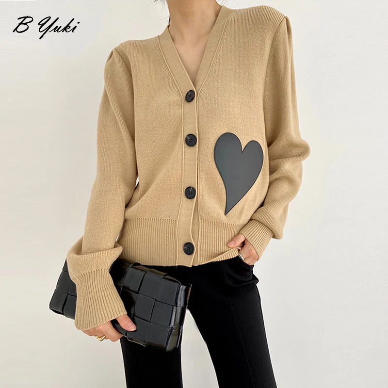 

Blessyuki Autumn Cashmere Loose V-Neck Heart Patch Sweaters Cardigan Women Casual Single-Breasted Soft Outwear Female Knit Tops