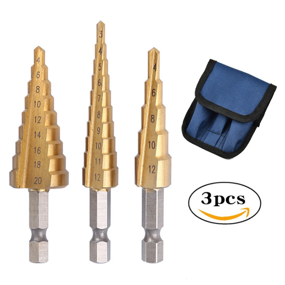 

WENXING 3Pcs HSS Titanium Drill Bit 4-12 3-12 4-20 Drilling Power Tools Metal High Speed Steel Wood Hole Cutter Cone Drill