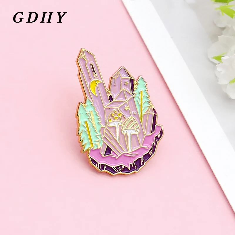 GDHY Forest Purple Pink Crystal Enamel Pin Brooch Crystal column Mushroom Witch Brooches Jewelry Clothes Wholesale Badge