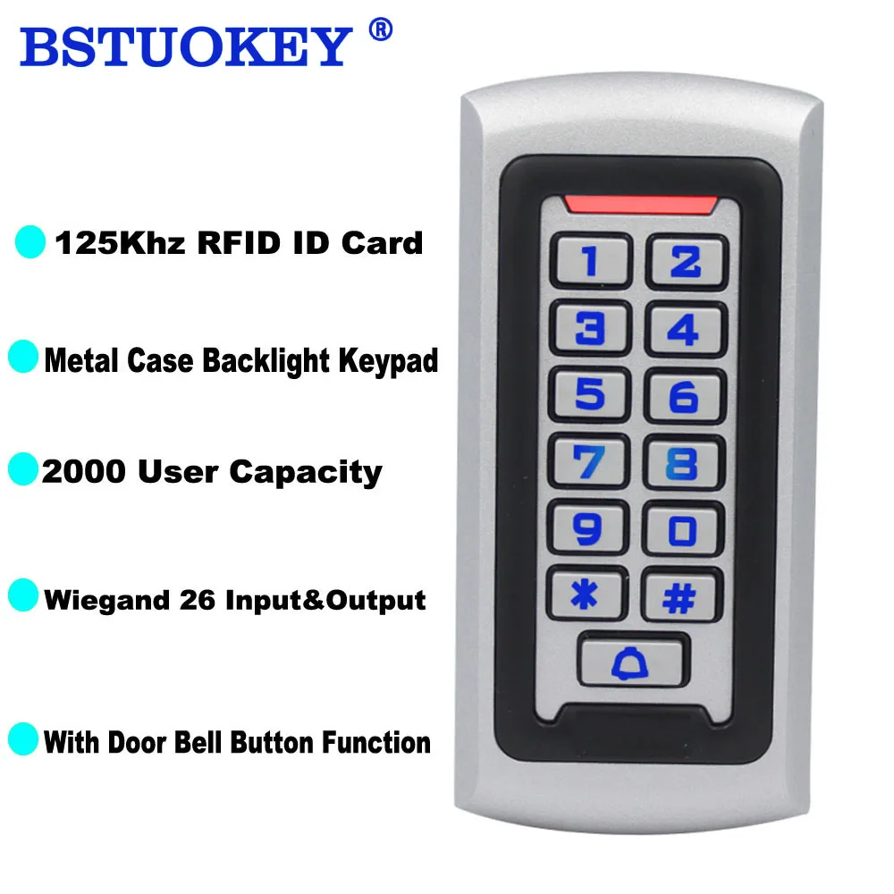 Metal Case 125Khz RFID Pasword Keypad Access Control System Standalone Proximity Card Reader 2000 User Door Access Control