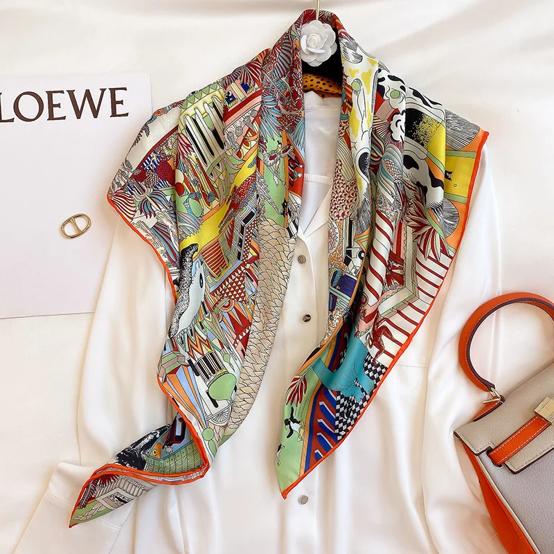 KOI LEAPING new Retro Zoo pattern fashion Hand stitch twill silk 90 large square scarf decorative silk scarf shawl gift