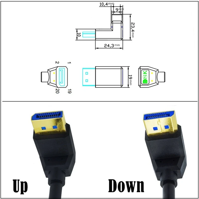 8K@60HZ DP Ultra HD Video Adapters for TVs, LCD Monitors, and Projectors 1FT 90°Angled UP Down Displayport 1.4 Cable
