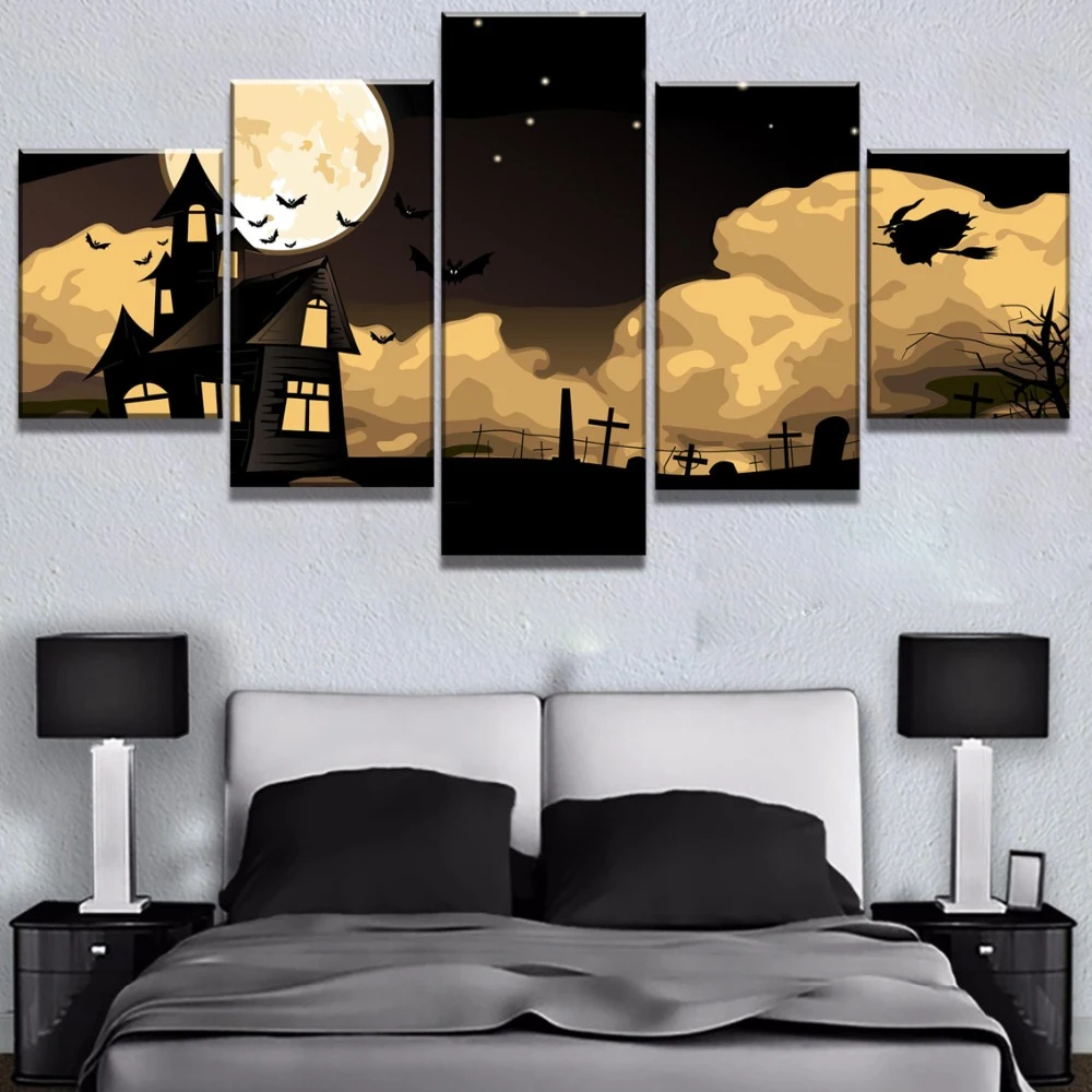 5 Pieces Wall Art Canvas Painting Bat Castle Moon Night Scene Landscape Poster Modern Living Room Decoration Modular Framework