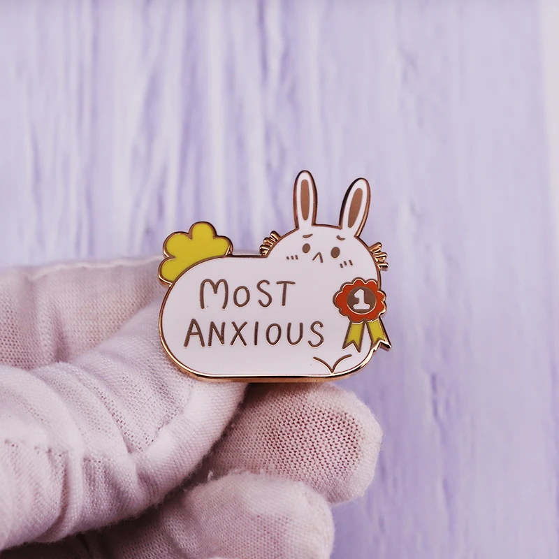 Most Anxious Brooch Cute Bunny Rabbit Enamel Pin Animal Anxiety Scared Badge Accessory Gift Idea