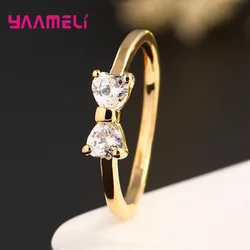 Luxury Austria Crystal Fashion 925 Sterling Silver Gold Color Bow Rings For Women Wedding Engagement Cubic Zirconia Jewelry