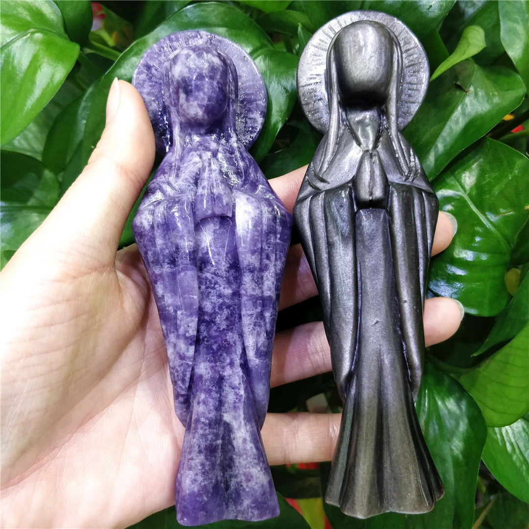 

Silver Obsidian Crystal Handmade Natural Stone Madonna Figures Souvenirs For Home Saintess Statues And Sculptures Goddess Quartz