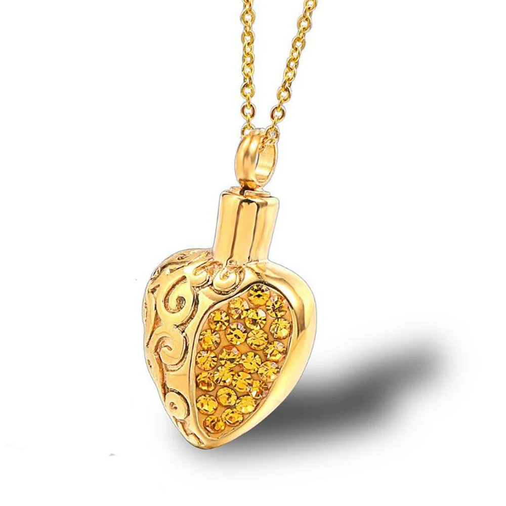 Stainless Steel Heart Crystal Stone Cremation Urn Pendant Necklace Jewelry with Chain