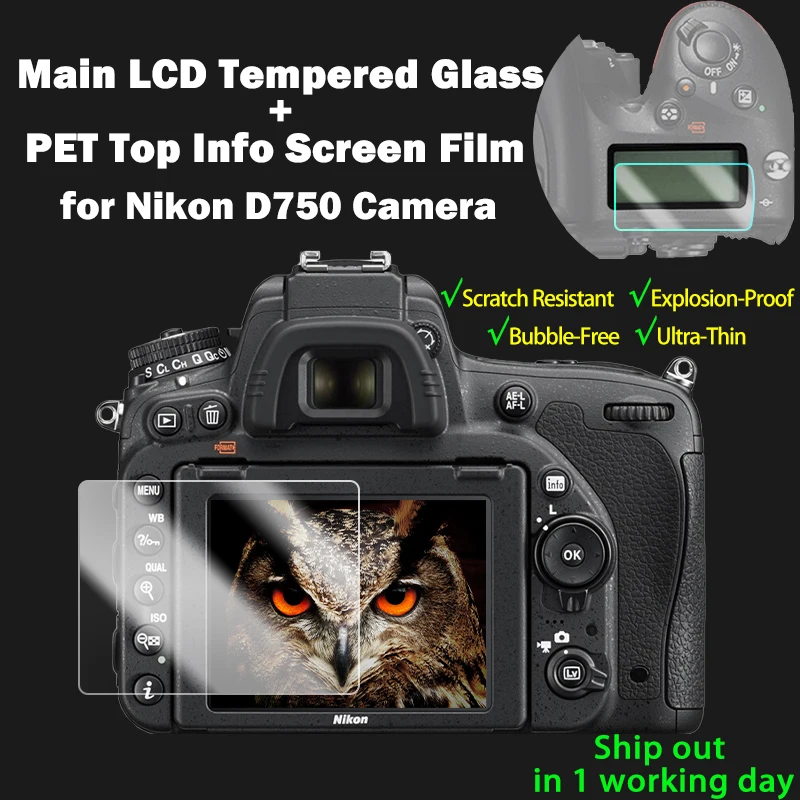 

D750 Tempered Glass Protective Self-adhesive Glass Main LCD Display + Film Info Screen Protector Guard Cover for Nikon D750